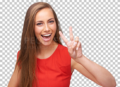 Woman, portrait and hand for peace sign emoji for support, motivation and a positive mindset on an isolated and transparent png background. Face of a female model happy and excited about finger icon