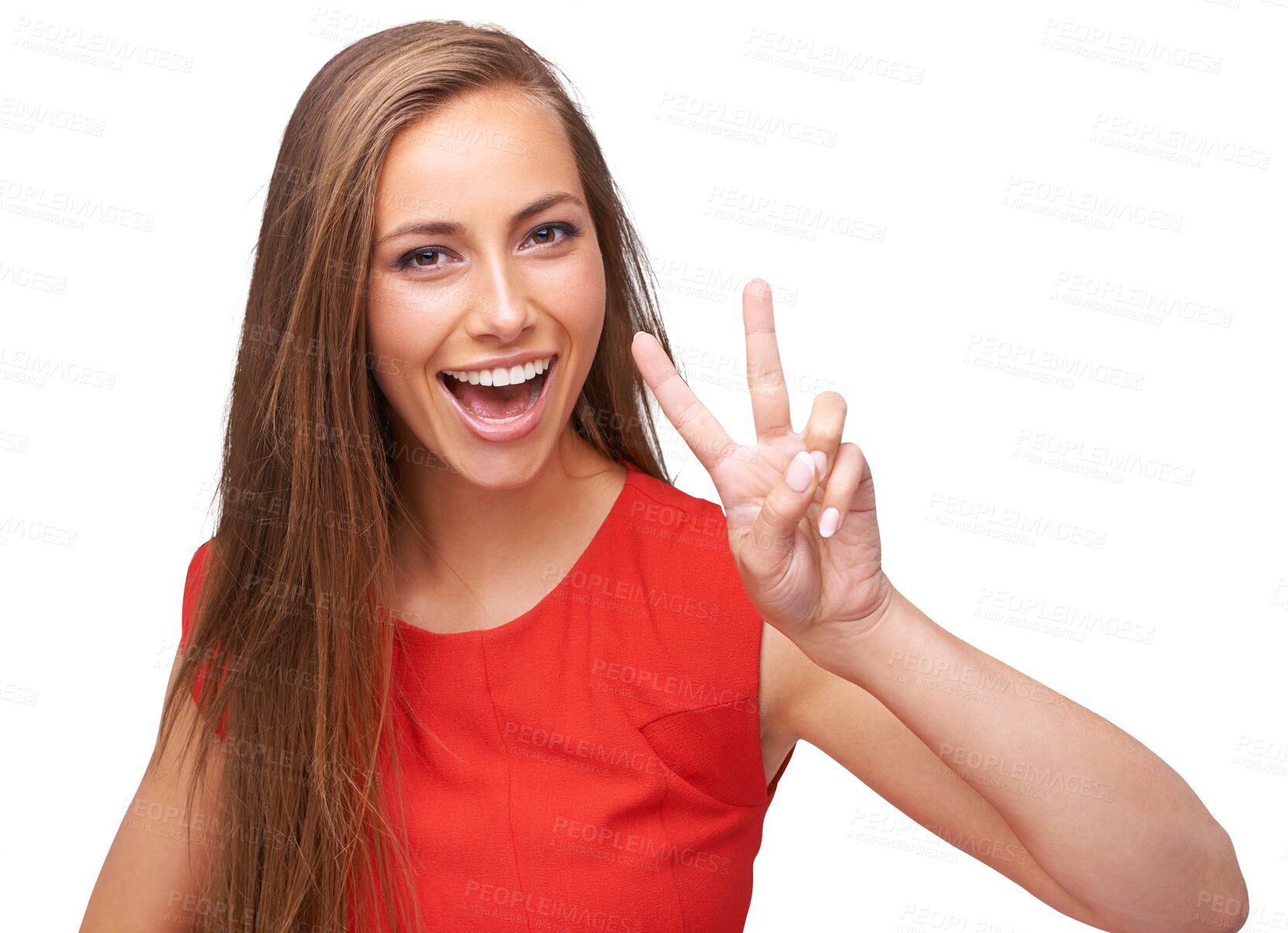 Buy stock photo Woman, excited and portrait with peace sign isolated on a transparent png background for support, motivation and positive mindset. Face, v hand gesture and female person with emoji for happy victory.