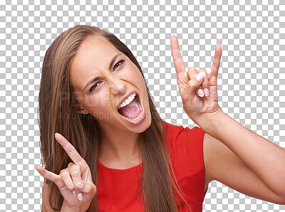 Rock and roll, hands and portrait of woman on an isolated and transparent png background for freedom, energy and heavy metal music. Comic, emoji and face of girl for hand gesture, punk and attitude