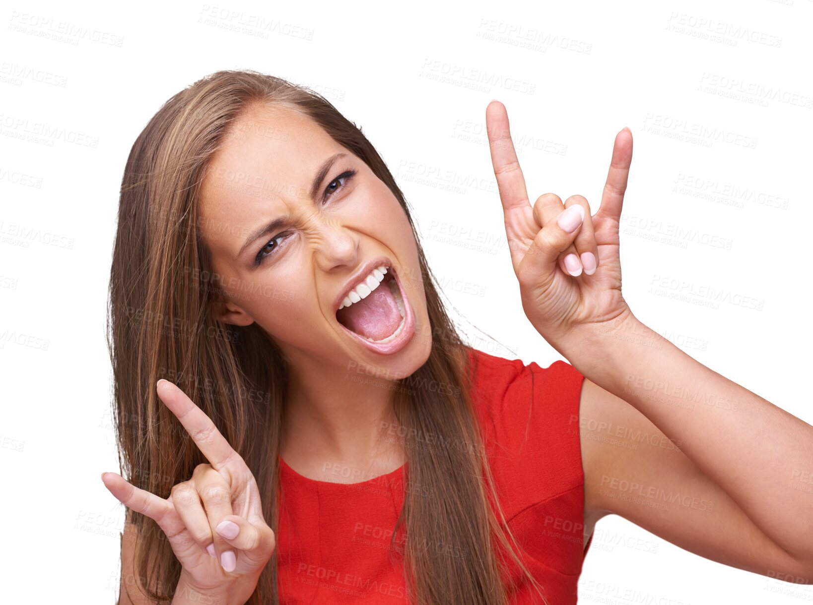 Buy stock photo Portrait, hands and woman with rock, roll and happiness isolated against a transparent background. Face, female person and girl with freedom, png and emoji with energy or heavy metal with attitude