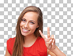 Happy woman, portrait and peace hand sign with a smile and happiness emoji on an isolated, transparent png background. Face of a kind young female with fingers for a positive mindset and motivation