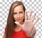 Stop, wait and hand with portrait of woman for warning, rejection or forbidden gesture on isolated, transparent png background. Danger, push or block with open palm sign for no entry or restrict