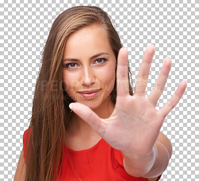 Stop, wait and hand with portrait of woman for warning, rejection or forbidden gesture on isolated, transparent png background. Danger, push or block with open palm sign for no entry or restrict
