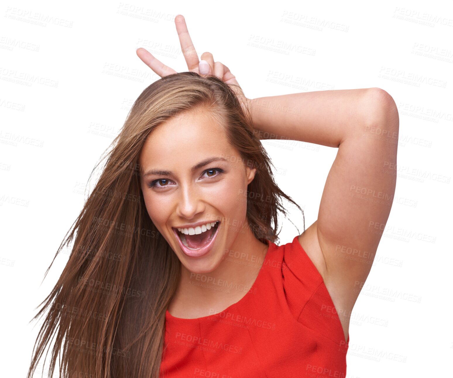 Buy stock photo Isolated, finger pose with bunny ears and portrait, woman and funny meme for happy comedy, on transparent png background. Happiness, crazy or goofy girl with emoji, smiling or rabbit gesture