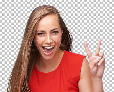 Buy stock photo Excited, woman and portrait with peace sign isolated on a transparent png background for support, motivation and positive mindset. Face, v hand gesture and female person with emoji for happy victory.