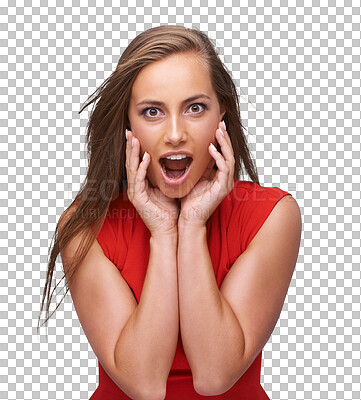 Buy stock photo Portrait, wow and woman with surprise, emoji and deal isolated against transparent background. Face, female person or model with facial expression, shocked and omg with png, cheerful and excited