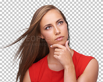 Buy stock photo Face, thinking and PNG with a thoughtful woman isolated on a transparent background for a decision. Idea, mind and future with an attractive young female person contemplating a thought or choice