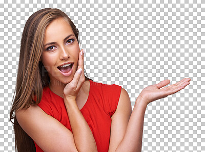Buy stock photo Portrait, advertising or marketing and wow reaction of woman for mockup in png or transparent background. Product placement, fashion female model and surprise or shock for promotion or discount 