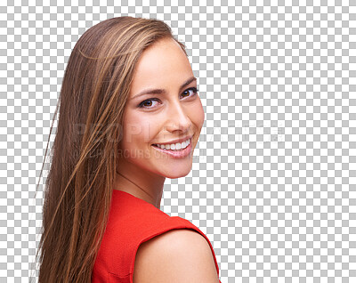 Happy woman, portrait and face with a teeth smile on an isolated and transparent png background. Female model with a positive mindset for makeup, cosmetics and hair care in red
