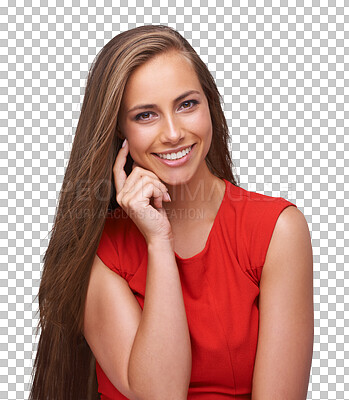 Buy stock photo Isolated woman, thinking and happy in portrait with ideas, decision and transparent png background. Girl, model and think with red clothes, smile and excited face for vision, future or brainstorming