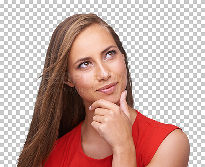 Buy stock photo Isolated woman, thinking and focus with ideas, decision or remember by transparent png background. Girl, model and think in red clothes, mindset or excited face for vision, future or problem solving