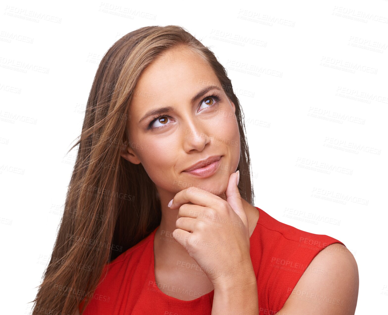 Buy stock photo Isolated woman, thinking and focus with ideas, decision or remember by transparent png background. Girl, model and think in red clothes, mindset or excited face for vision, future or problem solving