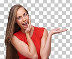 Wow, advertising and portrait of woman for mockup marketing. Product placement, fashion and girl for surprise, omg and shock for sale, discount and deal on an isolated, transparent png background