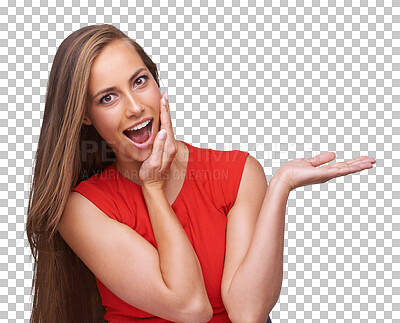 Wow, advertising and portrait of woman for mockup marketing. Product placement, fashion and girl for surprise, omg and shock for sale, discount and deal on an isolated, transparent png background