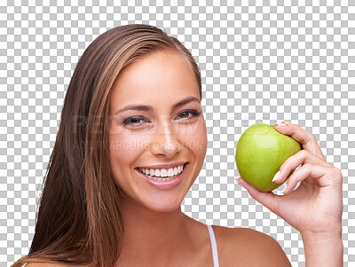 Buy stock photo Portrait, apple and happy woman isolated on transparent, png background for healthy food, healthcare or nutritionist diet. Vegan person or model with green fruit for dietician, self care and choice