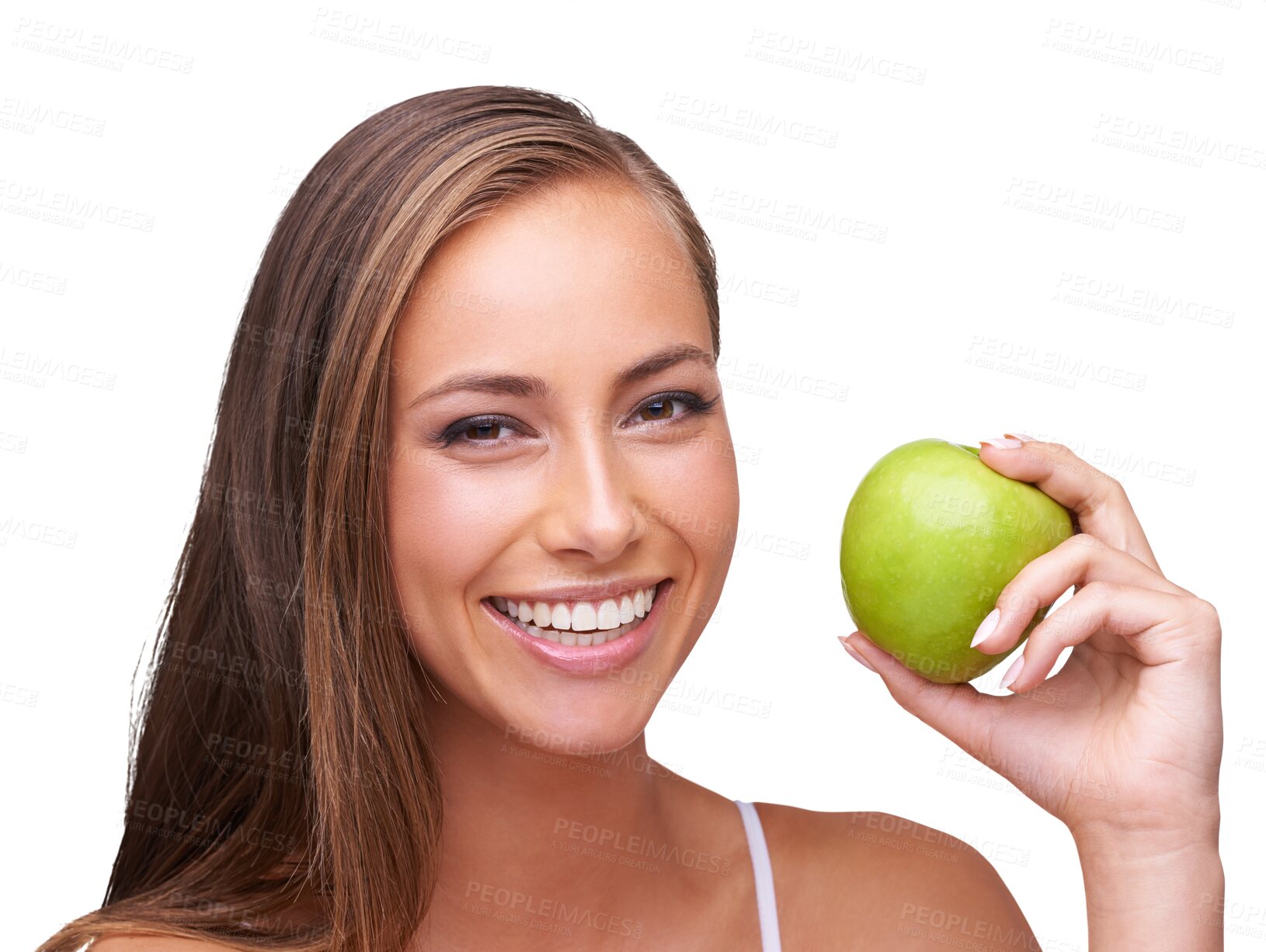 Buy stock photo Portrait, apple and happy woman isolated on transparent, png background for healthy food, healthcare or nutritionist diet. Vegan person or model with green fruit for dietician, self care and choice