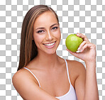 Apple, wellness and portrait of woman on an isolated and transparent png background for healthy lifestyle. Diet, healthcare and face of girl with fruit for organic products, vitamins and nutrition