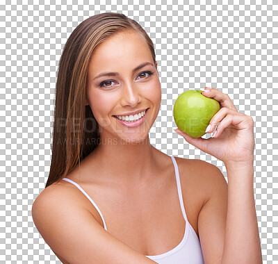 Buy stock photo Woman portrait, apple and healthy food isolated on transparent, png background in wellness, healthcare or diet. Vegan person, nutritionist or model with green fruit in detox, self care or lose weight