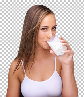 Milk, glass and portrait of woman on an isolated, transparent png background for healthy diet. Face of female model, dairy product or organic breakfast with protein, calcium and vitamins for wellness