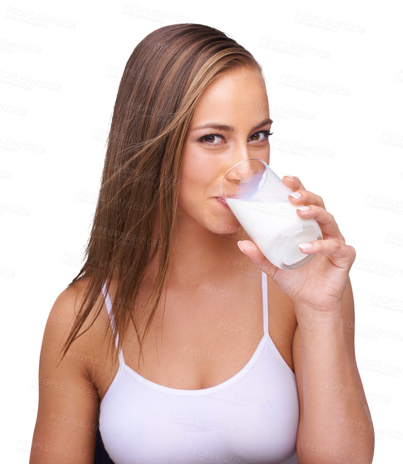 Buy stock photo Portrait, woman drinking milk and in png or transparent background. Dairy product for breakfast, isolated face of female model with glass for a healthy diet with calcium in the morning