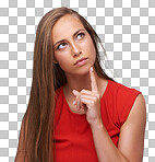 Thinking, idea and woman in red posing in serious doubt about decision or choice with a female face looking thoughtful in contemplation of ideas isolated on a png background