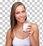 Portrait, smile and woman drinking milk and healthy diet. Face of female model, glass and organic dairy for breakfast, morning calcium, wellness and vitamins on isolated, transparent png background