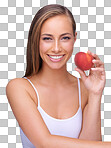 Beauty woman with red apple and teeth for natural health, wellness and dental. Model portrait and hand holding fruit with whitening results on an isolated and transparent png background