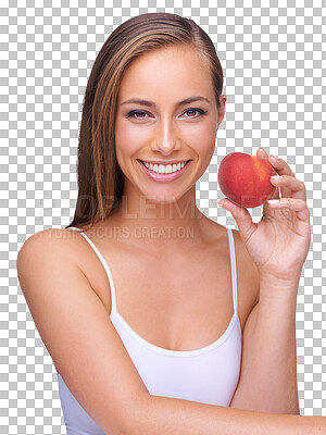 Beauty woman with red apple and teeth for natural health, wellness and dental. Model portrait and hand holding fruit with whitening results on an isolated and transparent png background