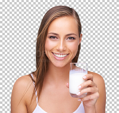 Portrait, calcium and a glass of milk for woman health, drink and diet with a young female drinking a morning beverage for protein or vitamins on an isolated and transparent png background
