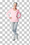 Portrait, retirement and female athlete ready for sport workout while isolated on a png, transparent background. Exercise, fitness and senior woman happy with her health and wellness lifestyle