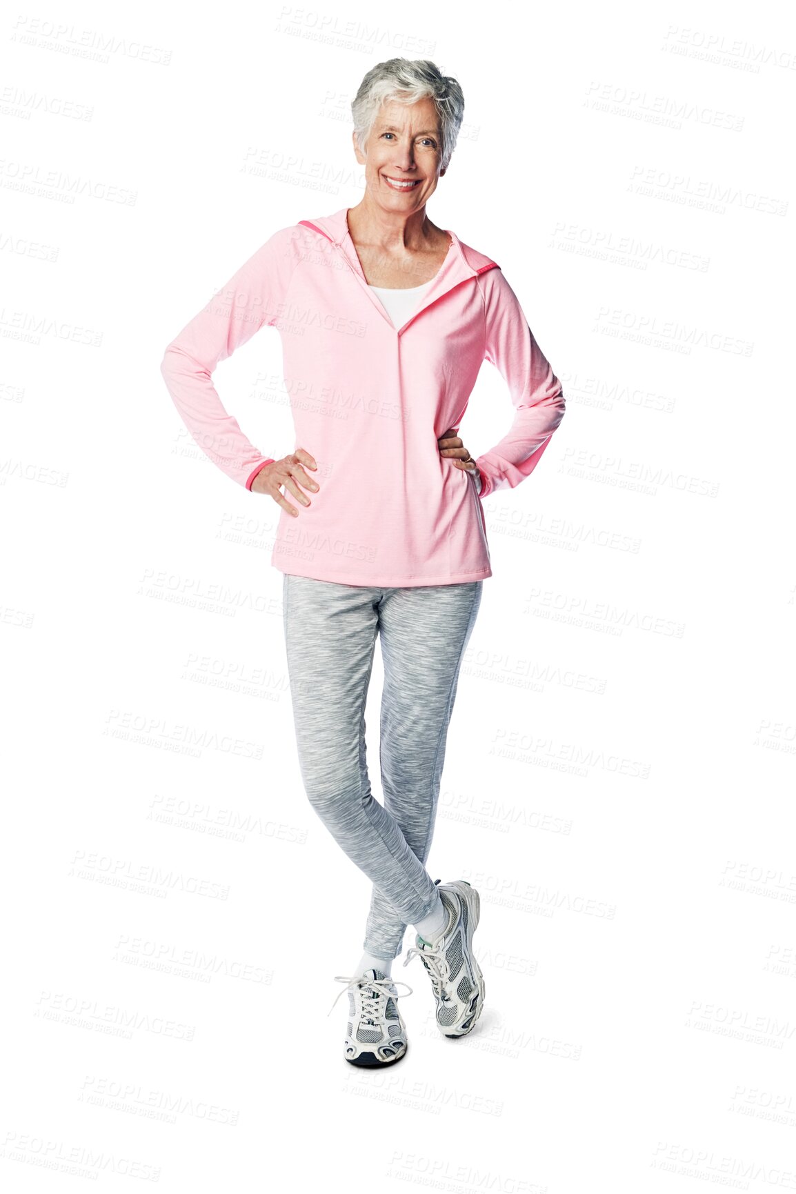 Buy stock photo Isolated senior woman, portrait and fitness in retirement with smile, wellness or happy by transparent png background. Elderly lady, training or exercise for body goal with excited face for self care