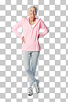 Exercise, portrait and happy senior woman ready for a fitness workout while isolated on a png background. Transparent, fit and active mature female athlete for a relaxed retirement routine