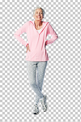 Buy stock photo Fitness portrait, body and senior woman isolated on transparent, png background for health, wellness and workout. Face of happy elderly person with sports, training or exercise for retirement health