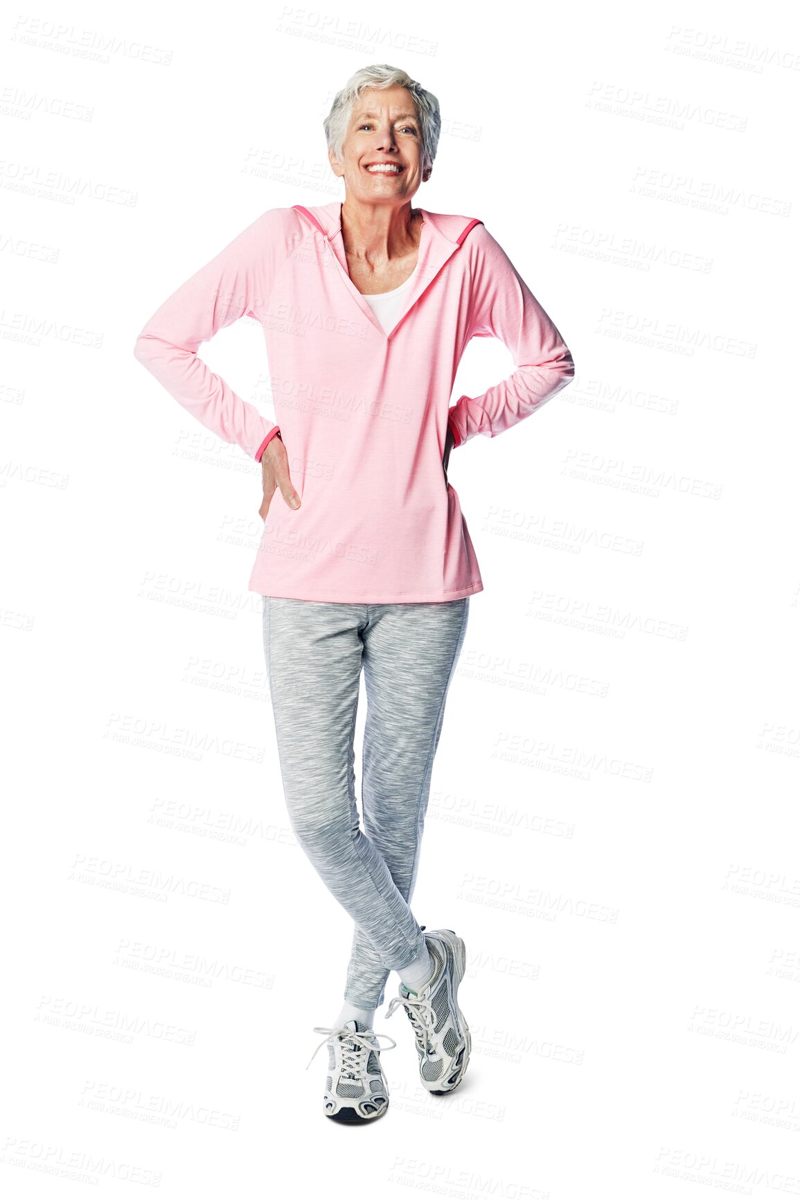 Buy stock photo Fitness portrait, body and senior woman isolated on transparent, png background for health, wellness and workout. Face of happy elderly person with sports, training or exercise for retirement health