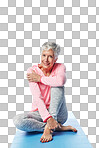 Yoga, portrait and relax with senior female sitting during workout break to rest isolated on a transparent, png background. Pilates, exercise and retired mature yogi resting for zen and peace