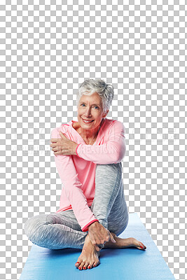 Yoga, portrait and relax with senior female sitting during workout break to rest isolated on a transparent, png background. Pilates, exercise and retired mature yogi resting for zen and peace
