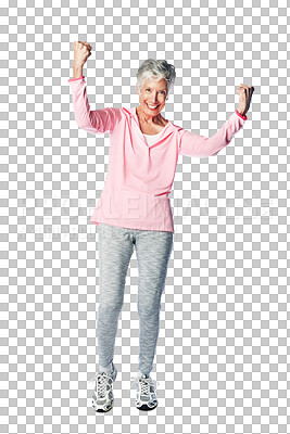 Fitness, portrait and excited senior woman cheering for workout success and achievement while isolated on a png background. Exercise, retired female athlete and cheerful face for winning exercise