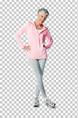 Portrait, smile and fitness for senior woman in retirement with health and wellness isolated on a png background. Healthy body, active female pensioner and workout for athlete lifestyle