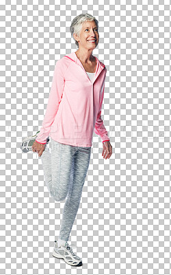 Fitness, flexibility and stretching with a woman in retirement ready for exercise on a transparent, png background. Leg warmup, exercise and senior female athlete ready for sport training