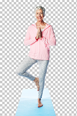 Namaste, zen and yoga portrait with a woman workout for flexible health and wellness while isolated on a png background. Mature female, pilates and yogi exercise in tree pose for health and wellness