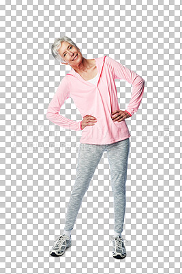 Stretch, prepare and portrait of an active woman ready for a fitness workout while isolated on a png, transparent background. Warm up, getting ready and exercise with a mature or senior female