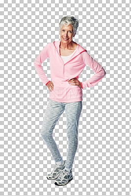 Buy stock photo Portrait, fitness and senior woman ready for a training workout while isolated on a transparent, png background. Sport, athlete and active mature female exercising for health and wellness with smile