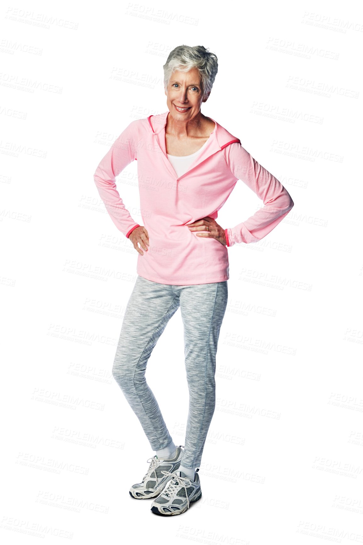 Buy stock photo Portrait, fitness and senior woman ready for a training workout while isolated on a transparent, png background. Sport, athlete and active mature female exercising for health and wellness with smile