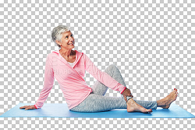 Thinking, stretch and yoga with senior woman and fitness idea isolated on a png background. Future, contemplating and pilates workout of a mature female stretching for flexibility and wellness