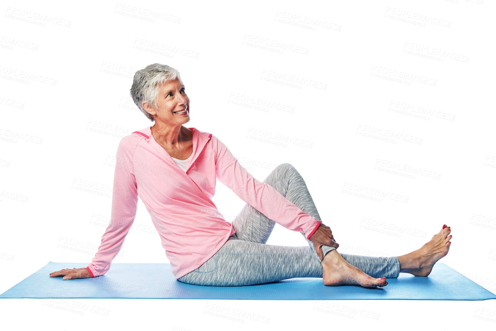 Buy stock photo Yoga, thinking and senior woman isolated on transparent, png background for wellness, health and fitness on floor. Relax, body and elderly person with ideas for pilates training, workout or exercise