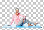 Portrait, smile and mature female yogi with flexible body health and wellness. Isolated, transparent and png background for a senior woman with a zen and peaceful mindset fitness routine