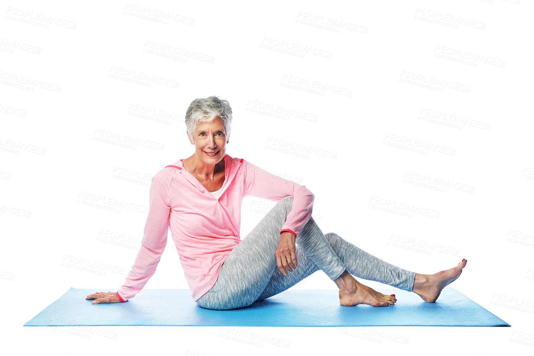 Buy stock photo Pilates, portrait and senior woman isolated on transparent, png background for holistic fitness, training or wellness on floor. Relax, body and happy elderly person with yoga exercise and workout