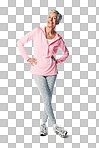 Fitness, sport and portrait of happy senior woman ready for exercise while isolated on a png background. Mature female, athlete and sporty person with physical health and wellness care