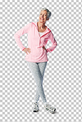 Buy stock photo Isolated senior woman, fitness portrait and smile with sportswear for exercise, workout and retirement health. Elderly female model, training and happiness for wellness by transparent png background