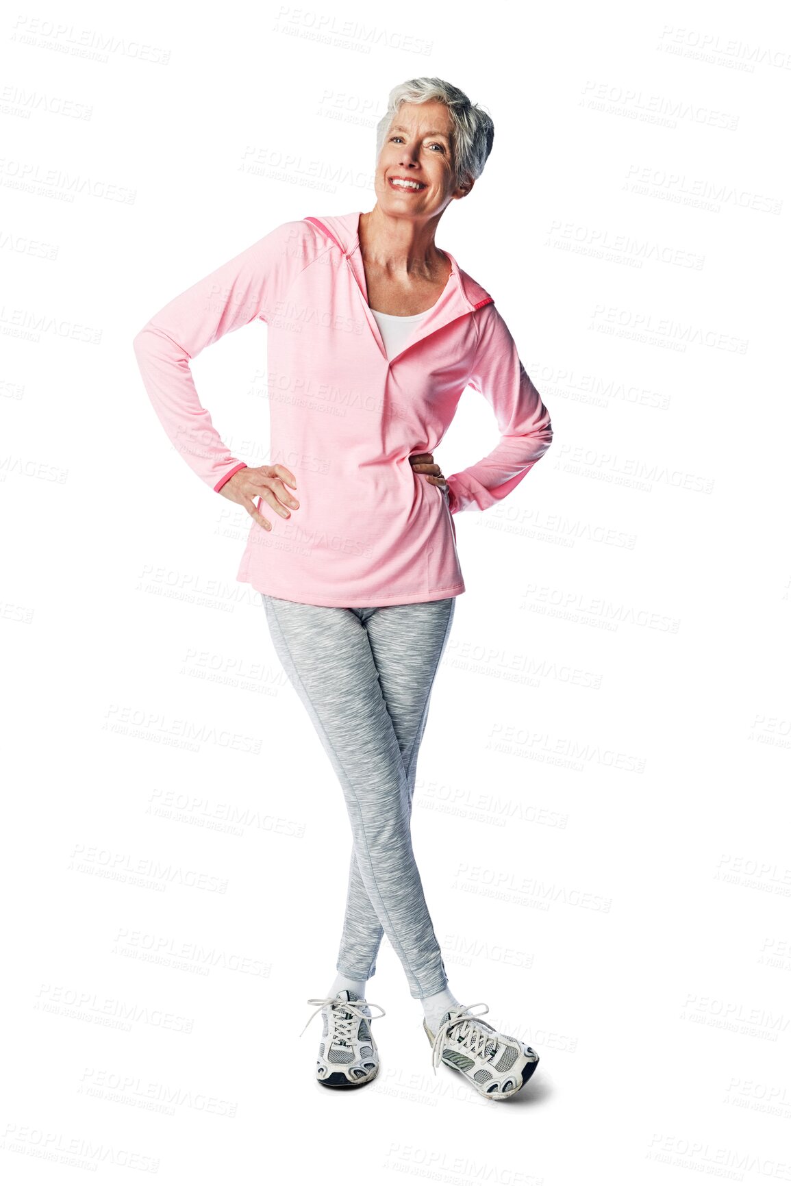 Buy stock photo Isolated senior woman, fitness portrait and smile with sportswear for exercise, workout and retirement health. Elderly female model, training and happiness for wellness by transparent png background